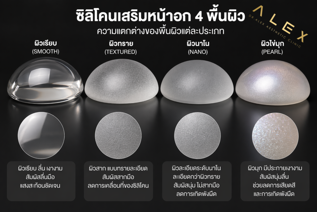 อินโฟกราฟิกเปรียบเทียบซิลิโคนเสริมหน้าอก 4 พื้นผิว ได้แก่ ผิวเรียบ ผิวทราย ผิวนาโน และผิวไข่มุก พร้อมภาพขยายพื้นผิวแต่ละประเภท
