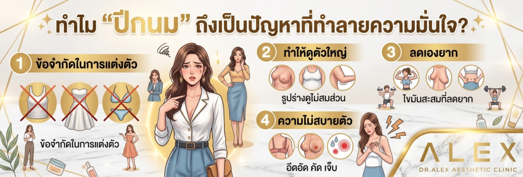 อินโฟกราฟิกอธิบายสาเหตุที่ภาวะปีกนมหรือเนื้อปลิ้นข้างรักแร้ทำลายความมั่นใจของผู้หญิง ทั้งข้อจำกัดแต่งตัวและลดเองยาก โดย Dr. Alex Aesthetic Clinic