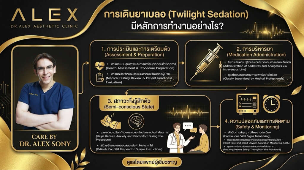 หลักการทำงานของการเดินยาเบลอ Twilight Sedation 4 ขั้นตอนสภาวะกึ่งรู้สึกตัว โดย ดร. อเล็กซ์ โซนี่