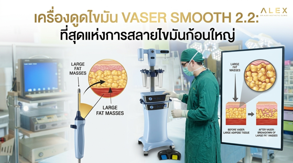 ภาพการทำงานของ เครื่องดูดไขมัน Vaser Smooth 2.2 ในห้องผ่าตัดเพื่อสลายไขมันก้อนใหญ่ โดยแพทย์ผู้เชี่ยวชาญ Dr. Alex Aesthetic Clinic