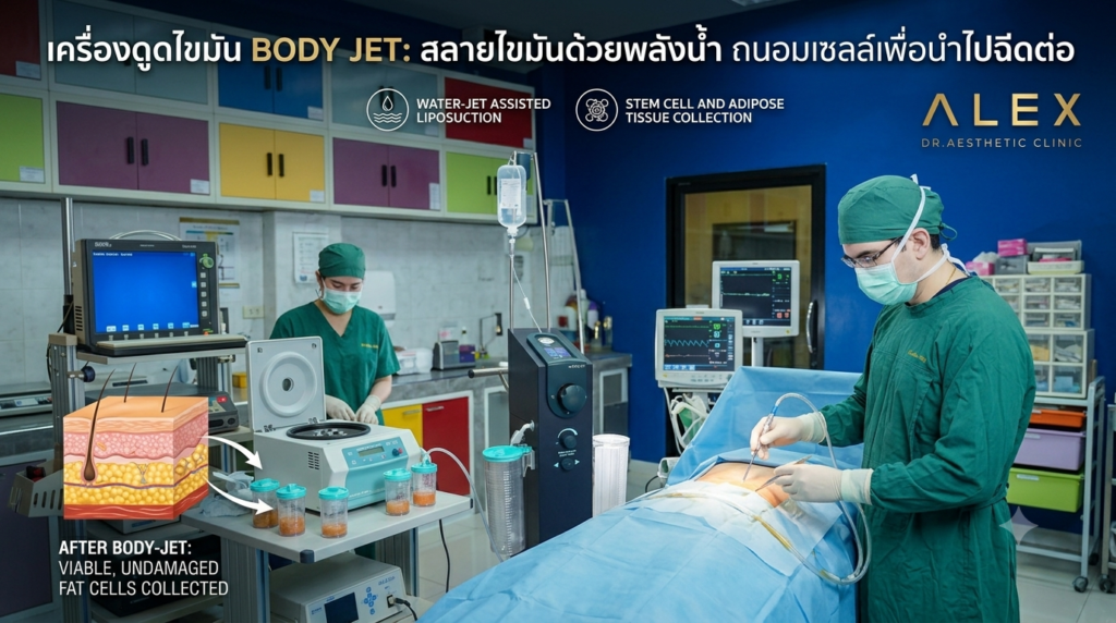 ศัลยแพทย์ใช้ เครื่องดูดไขมัน Body Jet สลายไขมันด้วยพลังน้ำเพื่อถนอมเซลล์ไขมันนำไปฉีดต่อ ที่ Dr. Alex Aesthetic Clinic
