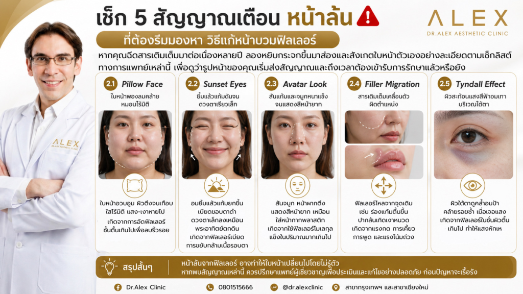 อินโฟกราฟิกเช็ก 5 สัญญาณเตือนภาวะหน้าล้น Overfilled Syndrome และแนวทาง วิธีแก้หน้าบวมฟิลเลอร์ จาก Dr.Alex Clinic