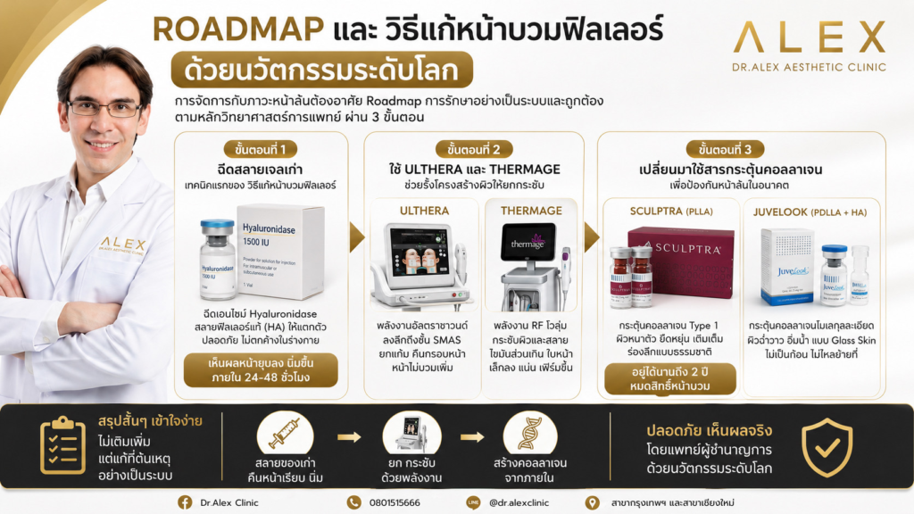 อินโฟกราฟิกสรุป Roadmap 3 ขั้นตอน วิธีแก้หน้าบวมฟิลเลอร์ ด้วยเทคโนโลยีสลายฟิลเลอร์ เครื่องยกกระชับ และสารกระตุ้นคอลลาเจนจาก Dr.Alex Clinic