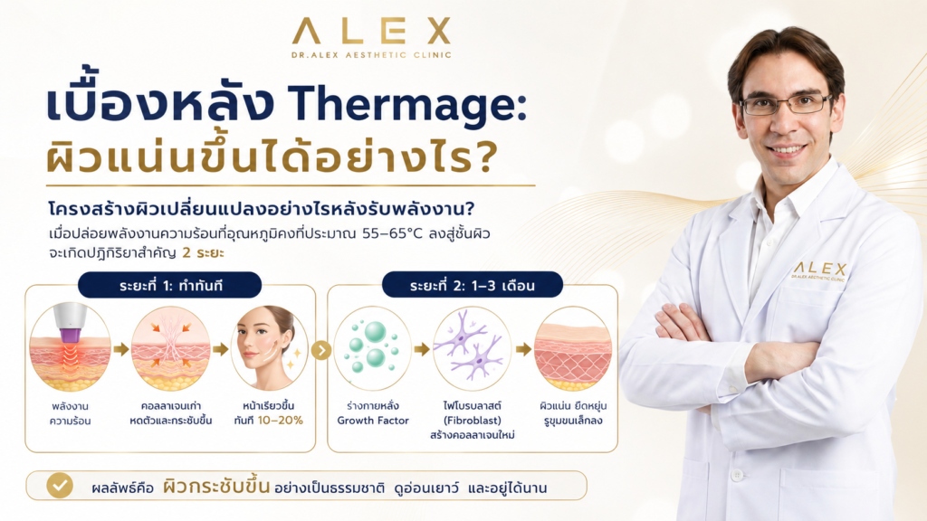 อินโฟกราฟิกอธิบายวิทยาศาสตร์เบื้องหลังการทำ Thermage และกลไกการทำงาน 2 ระยะในการส่งพลังงานความร้อนเพื่อกระตุ้นคอลลาเจนและยกกระชับผิวหน้า