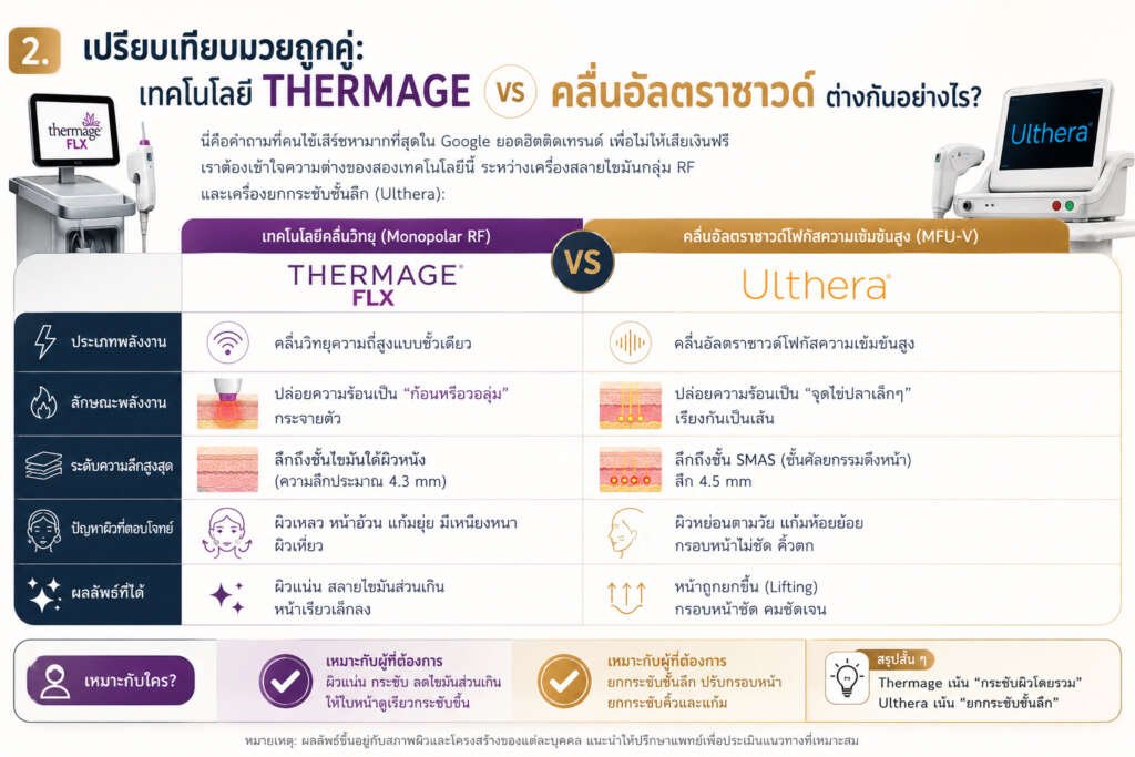 ตารางอินโฟกราฟิกเปรียบเทียบความแตกต่างระหว่าง Thermage FLX คลื่นวิทยุ Monopolar RF และ Ulthera คลื่นอัลตราซาวด์โฟกัส เพื่อประกอบการตัดสินใจเลือกหัตถการยกกระชับผิวหน้า