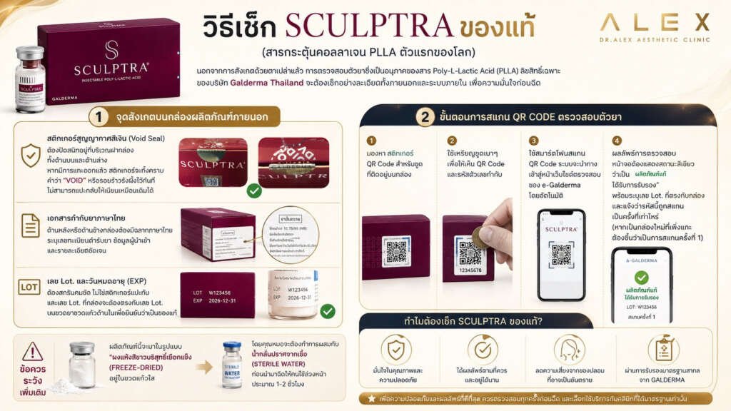 อินโฟกราฟิกแสดงวิธีเช็ก Sculptra ของแท้จาก Galderma Thailand ทั้งจุดสังเกตกล่องภายนอก สติกเกอร์ Void Seal เลข Lot. ยา และขั้นตอนการขูดสแกน QR Code ผ่านระบบ e-Galderma
