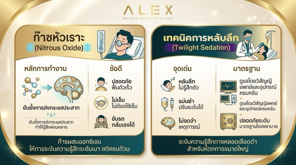 อินโฟกราฟิก เปรียบเทียบ Twilight Sedation กับ Nitrous Oxide แสดงหลักการทำงานและข้อดีของการระงับความรู้สึกแต่ละประเภท