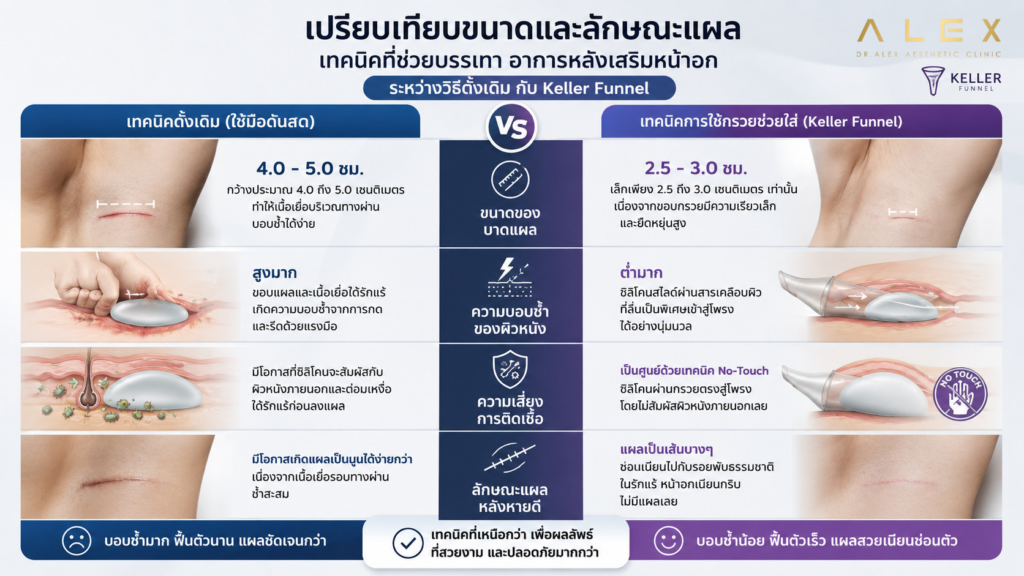 ตารางเปรียบเทียบขนาดและลักษณะแผล อาการหลังเสริมหน้าอก ระหว่างเทคนิคดั้งเดิมที่ใช้มือดันสด กับเทคนิคการใช้กรวยช่วยใส่ Keller Funnel ผ่าตัดส่องกล้องทางรักแร้ แผลเล็ก เจ็บน้อย ฟื้นตัวไว