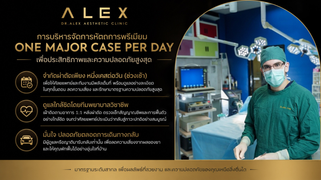 อินโฟกราฟิกนโยบายความปลอดภัย One Major Case Per Day จำกัดผ่าตัดใหญ่ 1 เคสต่อวันช่วงเช้า พร้อมทีมพยาบาลดูแลแบบ 1 ต่อ 1 เพื่อติดตามอาการหลังเสริมหน้าอก และระบบดูแลความปลอดภัยในการเดินทางกลับ ดร.อเล็กซ์ คลินิก