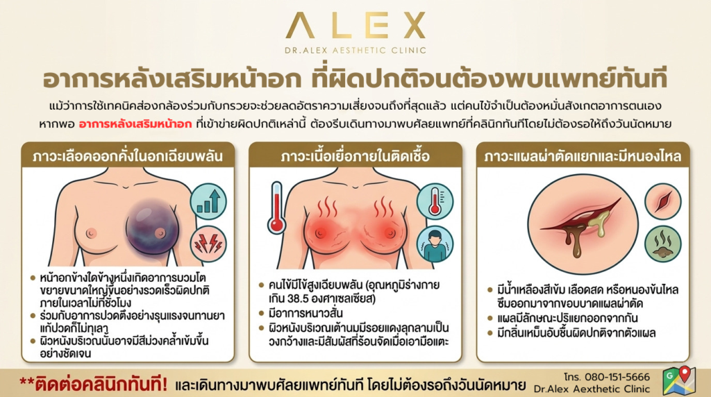 อินโฟกราฟิกเตือนภัย อาการหลังเสริมหน้าอก ที่ผิดปกติจนต้องพบแพทย์ทันที ประกอบด้วย ภาวะเลือดออกคั่งในอกเฉียบพลันหน้าอกบวมโตไม่เท่ากัน, ภาวะเนื้อเยื่อภายในติดเชื้อมีไข้สูงผิวหนังแดงร้อน และภาวะแผลผ่าตัดแยกมีหนองไหล ดร.อเล็กซ์ คลินิก