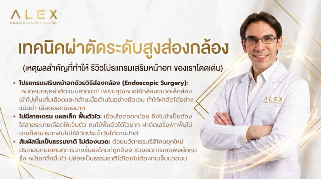 รีวิวโปรแกรมเสริมหน้าอก เทคนิคผ่าตัดส่องกล้อง แผลเล็ก ไม่ต้องใส่สายเดรน ที่ Dr.Alex Clinic