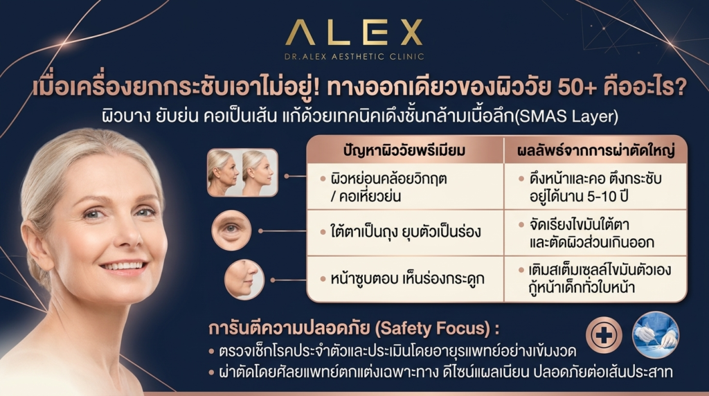 ตารางเปรียบเทียบปัญหาผิวหย่อนคล้อยวัยพรีเมียมและผลลัพธ์การผ่าตัดดึงหน้าชั้นลึก SMAS Layer สำหรับผิววัย 50 ปีขึ้นไป จาก Dr.Alex Aesthetic Clinic