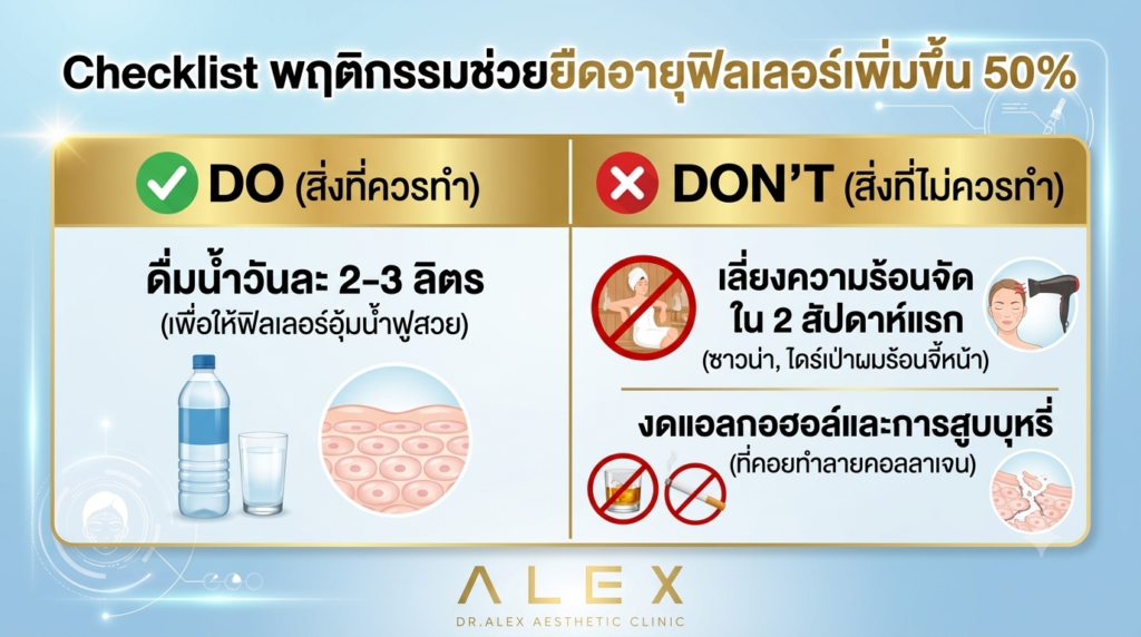 หัตถการความงาม ตารางเช็คลิสต์ Do & Don't วิธีดูแลตัวเองหลังฉีดฟิลเลอร์เพื่อยืดอายุฟิลเลอร์เพิ่มขึ้น 50% โดย Dr. Alex Aesthetic Clinic