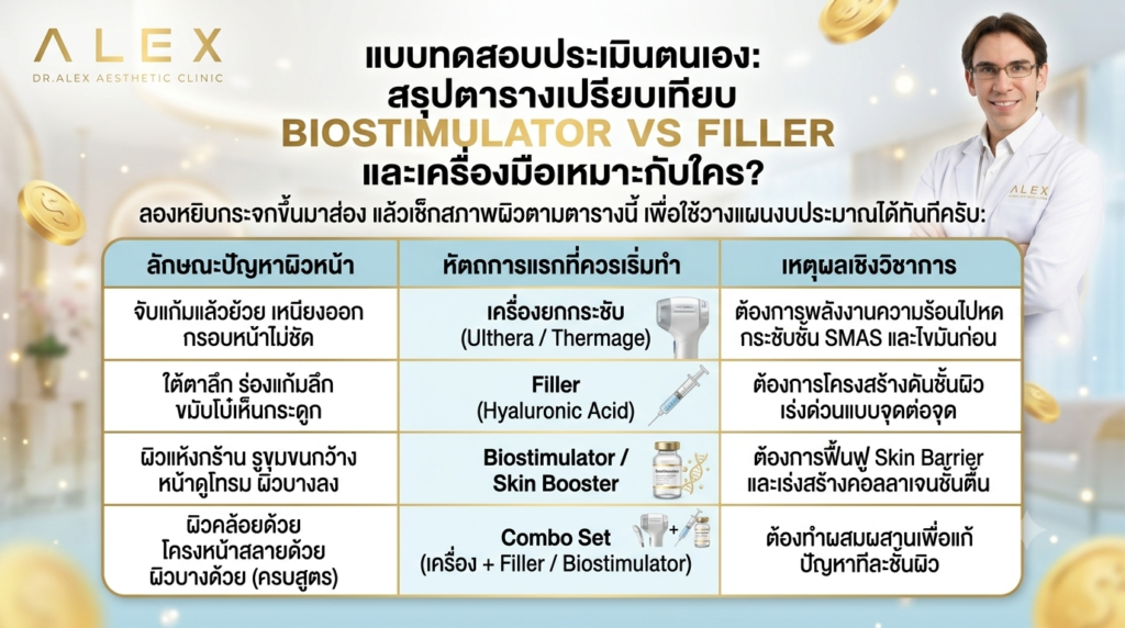 ตารางประเมินตนเอง เลือกหัตถการ Biostimulator Filler หรือเครื่องยกกระชับ ให้เหมาะกับปัญหาผิว - Dr.Alex Aesthetic Clinic
