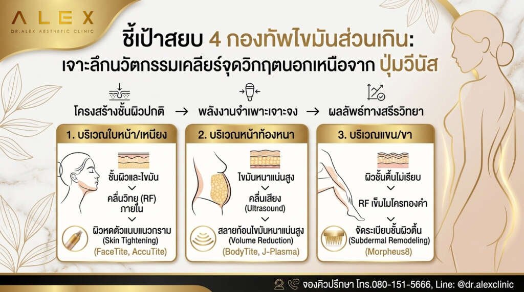 อินโฟกราฟิกแบนเนอร์แนะนำ 3 นวัตกรรมสลายไขมันส่วนเกินและกระชับผิวเฉพาะจุดนอกเหนือจากปุ่มวีนัส ของ Dr.Alex Aesthetic Clinic ประกอบด้วยเครื่อง FaceTite, AccuTite, BodyTite, J-Plasma และ Morpheus8