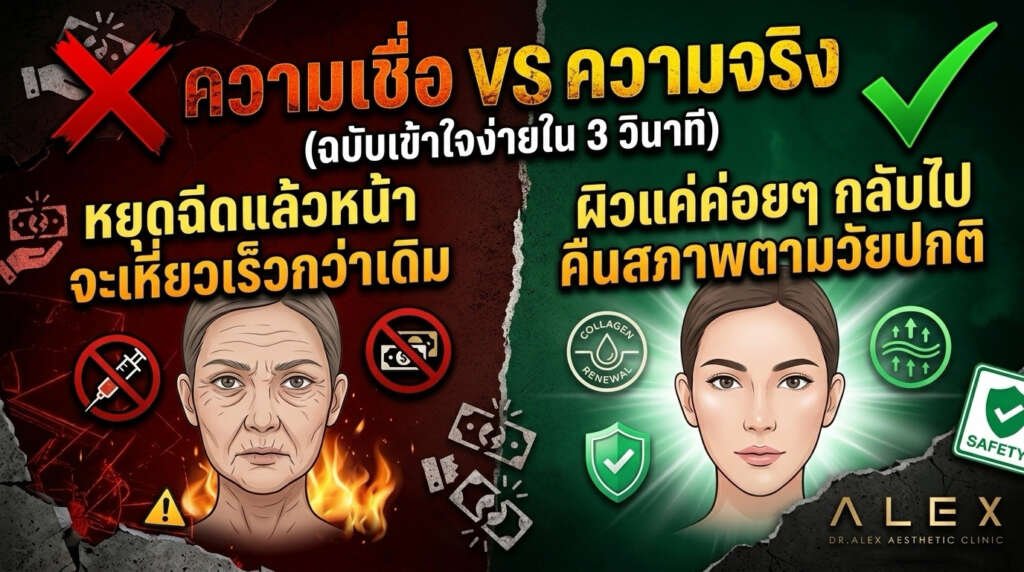 อินโฟกราฟิกเปรียบเทียบความเชื่อและความจริงเรื่องการฉีดโบท็อกซ์ หยุดฉีดแล้วหน้าเหี่ยวเร็วกว่าเดิมจริงไหม โดย Dr. Alex Aesthetic Clinic