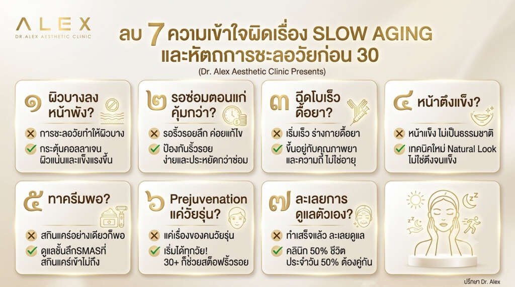แบนเนอร์อินโฟกราฟิก สรุป ลบ 7 ความเข้าใจผิด และหัตถการชะลอวัยก่อน 30 โดย Dr. Alex Aesthetic Clinic