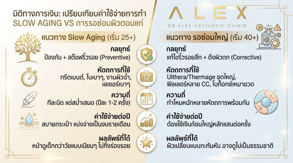 Slow Aging ตารางเปรียบเทียบมิติทางการเงินระหว่างการทำหัตถการลดรอยหย่น ตั้งแต่วัย 25+ กับการรอซ่อมผิวตอนอายุ 40+ โดย Dr. Alex Aesthetic Clinic