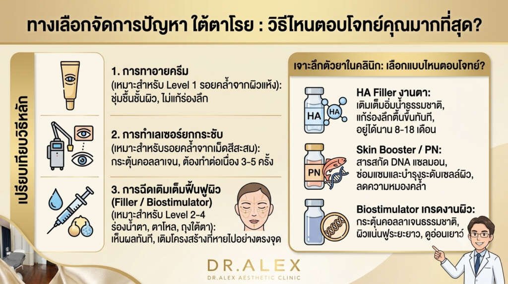 ทางเลือกการรักษาปัญหา ใต้ตาโรย เปรียบเทียบอายครีม เลเซอร์ และฟิลเลอร์
