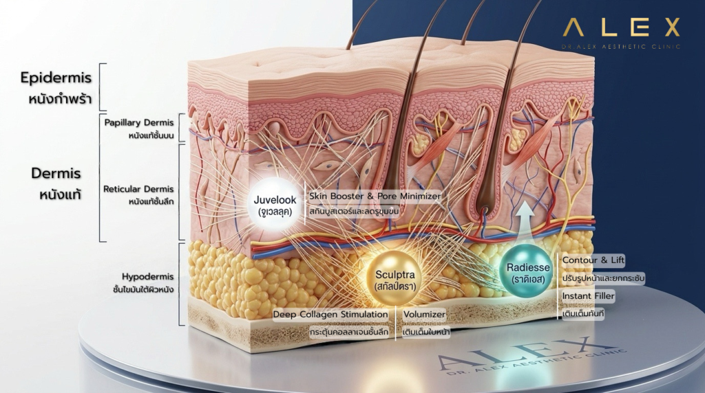 ภาพจำลองการทำงานของ Juvelook, Sculptra และ Radiesse ในชั้นผิวหนังแต่ละระดับ เพื่อแก้ปัญหาผิวฝ่อและริ้วรอย - Dr. Alex Aesthetic Clinic