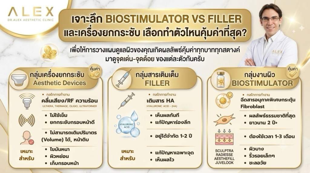 ตารางเปรียบเทียบ Biostimulator vs Filler และเครื่องยกกระชับ จุดเด่น จุดด้อย และความคุ้มค่า - Dr.Alex Aesthetic Clinic