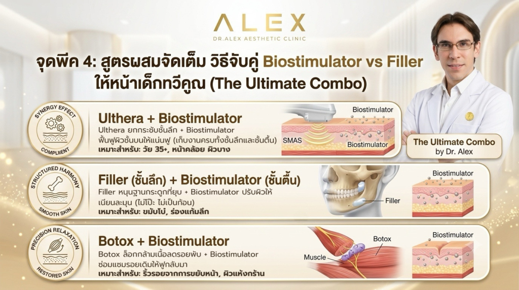 อินโฟกราฟิกสรุป 3 สูตรจับคู่หัตถการ Ulthera Filler Botox เสริมฤทธิ์ย้อนวัย - Dr.Alex Aesthetic Clinic