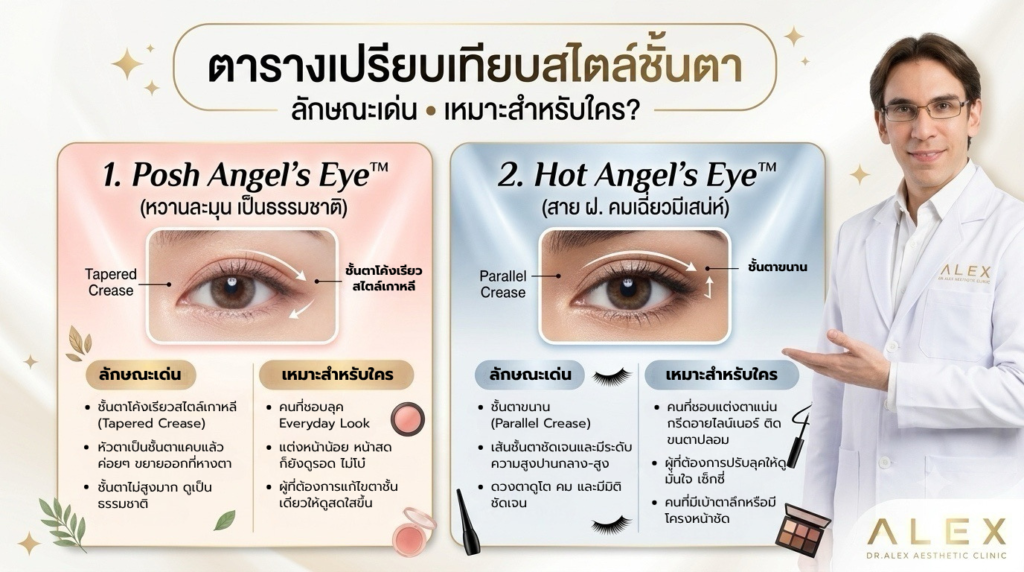 ตารางเปรียบเทียบทรงตา จากรีวิวทำตาสองชั้น สไตล์ Posh และ Hot Angel's Eye