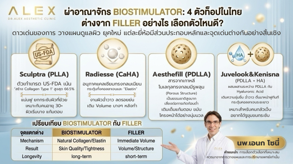 ตารางเปรียบเทียบ Sculptra Radiesse AestheFill Juvelook และตารางความแตกต่างกับฟิลเลอร์ - Dr.Alex