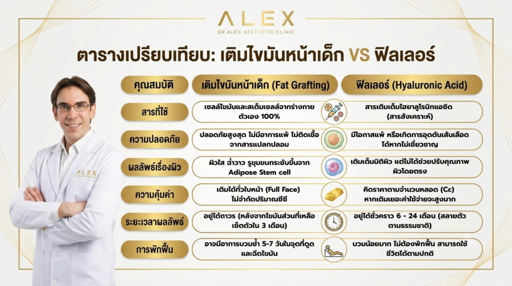 ตารางเปรียบเทียบข้อดีการเติมไขมันปกติ Fat Transfer กับระบบธนาคารไขมัน Fat Banking Dr. Alex Clinic