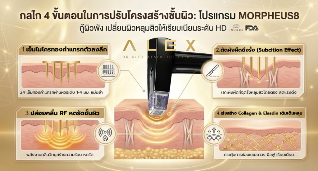 กลไก 4 ขั้นตอนการรักษาหลุมสิวด้วย Program Morpheus8 ตัดพังผืดและกระตุ้นคอลลาเจน