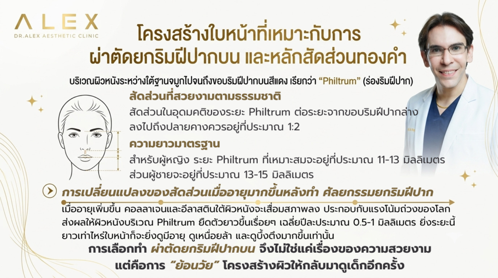 โครงสร้างสัดส่วนทองคำของร่องริมฝีปาก (Philtrum) สำหรับการพิจารณาผ่าตัดยกริมฝีปากบน โดย Dr.Alex Clinic