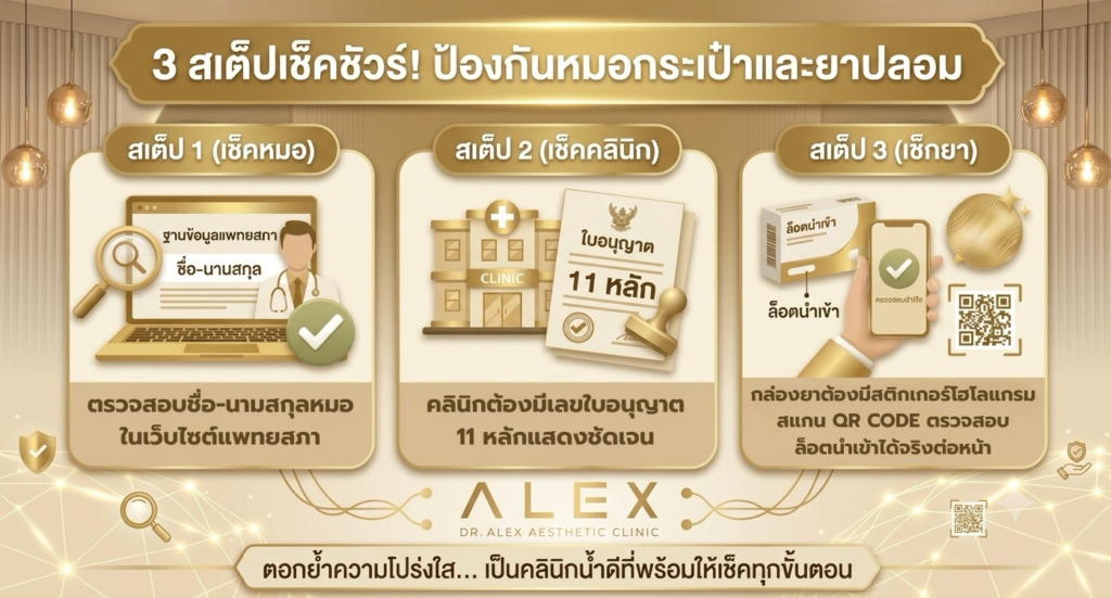 หัตถการความงาม 3 ขั้นตอนวิธีตรวจสอบหมอกระเป๋า คลินิกเถื่อน และฟิลเลอร์หรือยาปลอม เพื่อความปลอดภัยก่อนทำหัตถการ โดย Dr. Alex Aesthetic Clinic