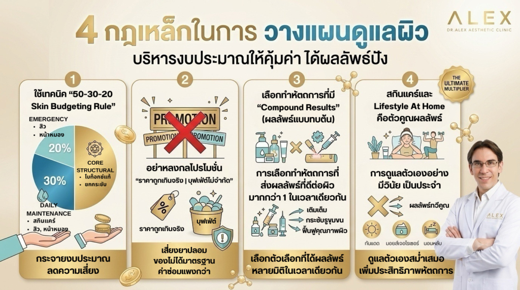 วางแผนดูแลผิว อินโฟกราฟิก 4 กฎเหล็กในการวางแผนดูแลผิวและบริหารงบประมาณหัตถการความงามอย่างคุ้มค่า โดย Dr. Alex Aesthetic Clinic