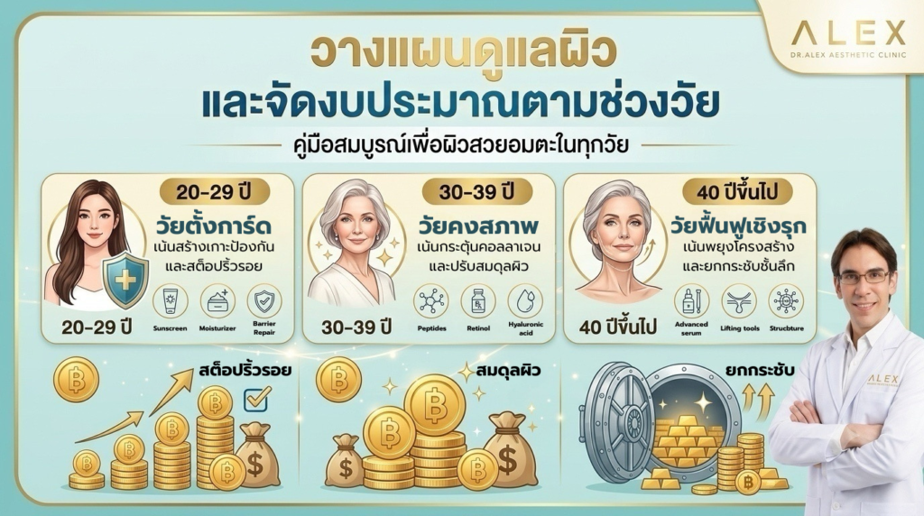 อินโฟกราฟิก สรุปการวางแผนดูแลผิวและจัดงบประมาณตามช่วงวัย 20s 30s และ 40+ โดย Dr. Alex Aesthetic Clinic