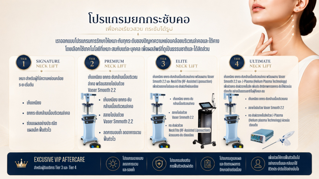 ตารางเปรียบเทียบโปรแกรมผ่าตัดยกกระชับลำคอ 4 ระดับ Signature, Premium, Elite และ Ultimate ด้วยนวัตกรรม Vaser Smooth, NeckTite และ J-Plasma จาก ALEX Clinic