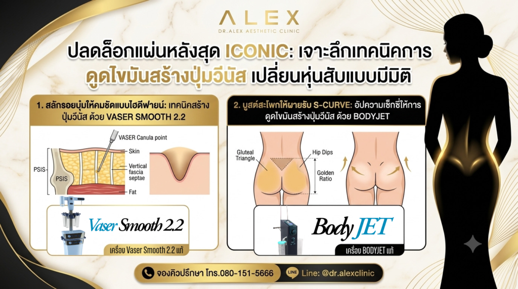 ดูดไขมันสร้างปุ่มวีนัส และปรับสรีระแผ่นหลัง S-Curve จาก Dr.Alex Aesthetic Clinic แสดงขั้นตอนการทำงานของเครื่อง Vaser Smooth 2.2 และเครื่อง BodyJet