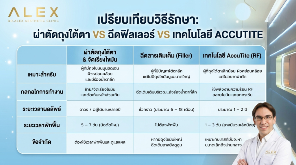 ตารางเปรียบเทียบวิธีรักษา ผ่าตัดถุงใต้ตา จัดเรียงไขมัน VS ฉีดฟิลเลอร์ VS เทคโนโลยี AccuTite ที่ Dr. Alex Clinic
